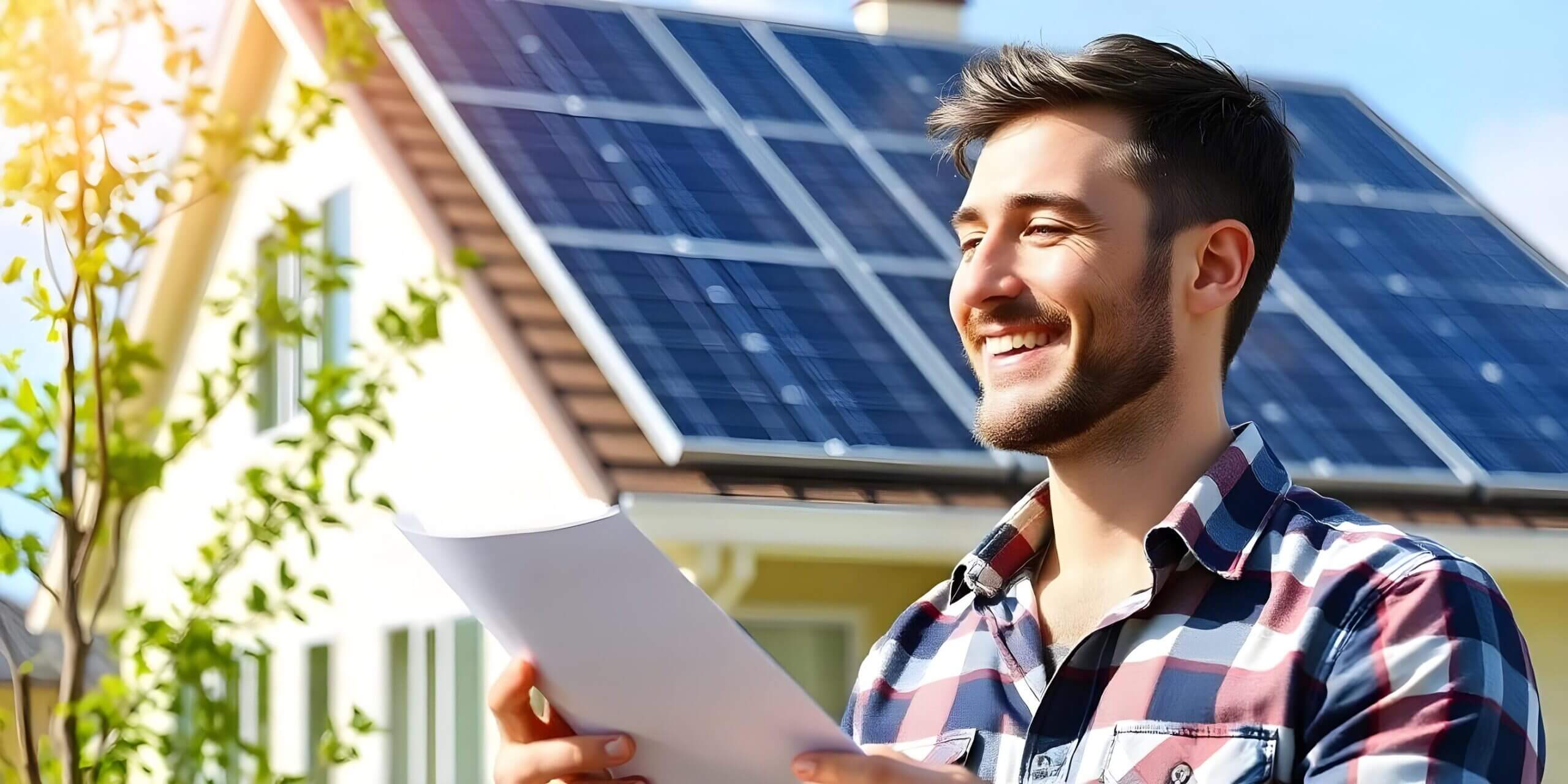 Smiling homeowner outside solar-powered home with low electricity bill